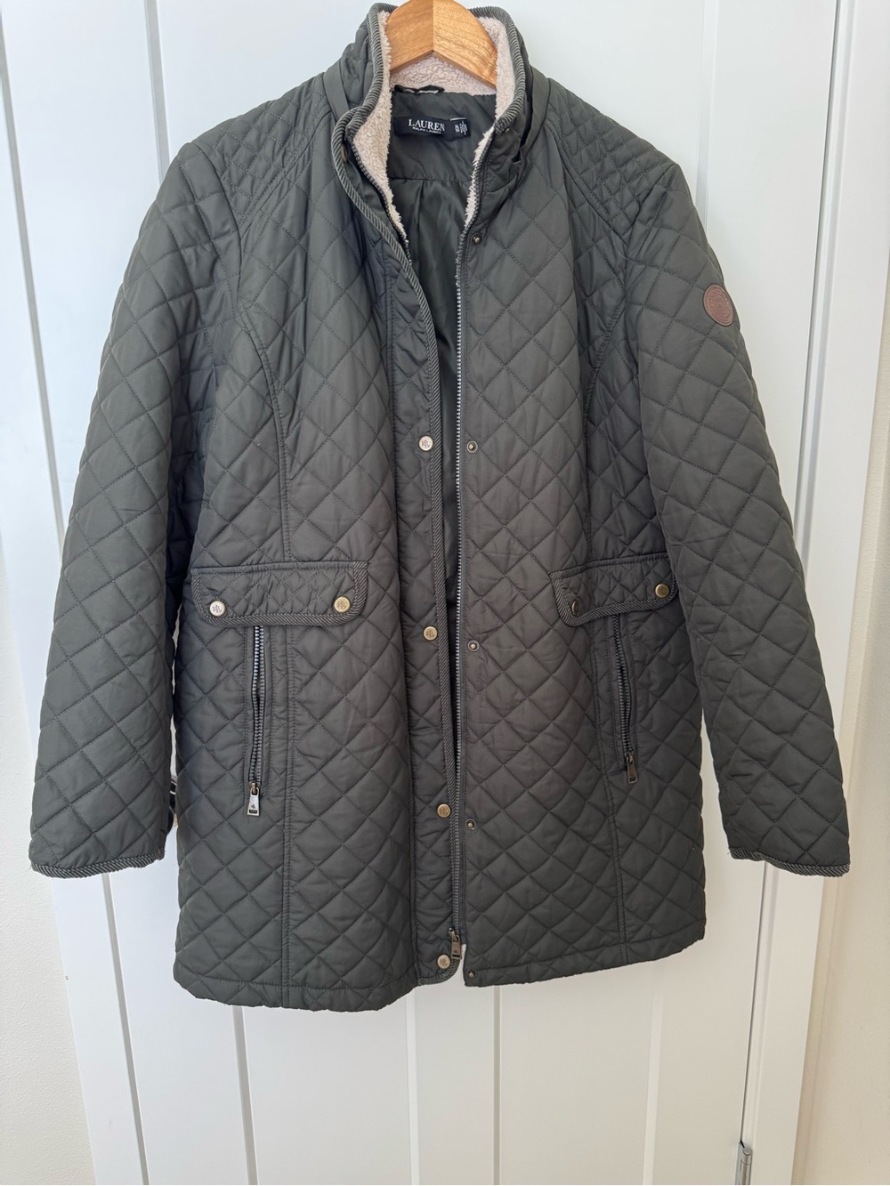 Ralph Lauren Quilted Puffer Coat in Olive Green with Contrast Collar